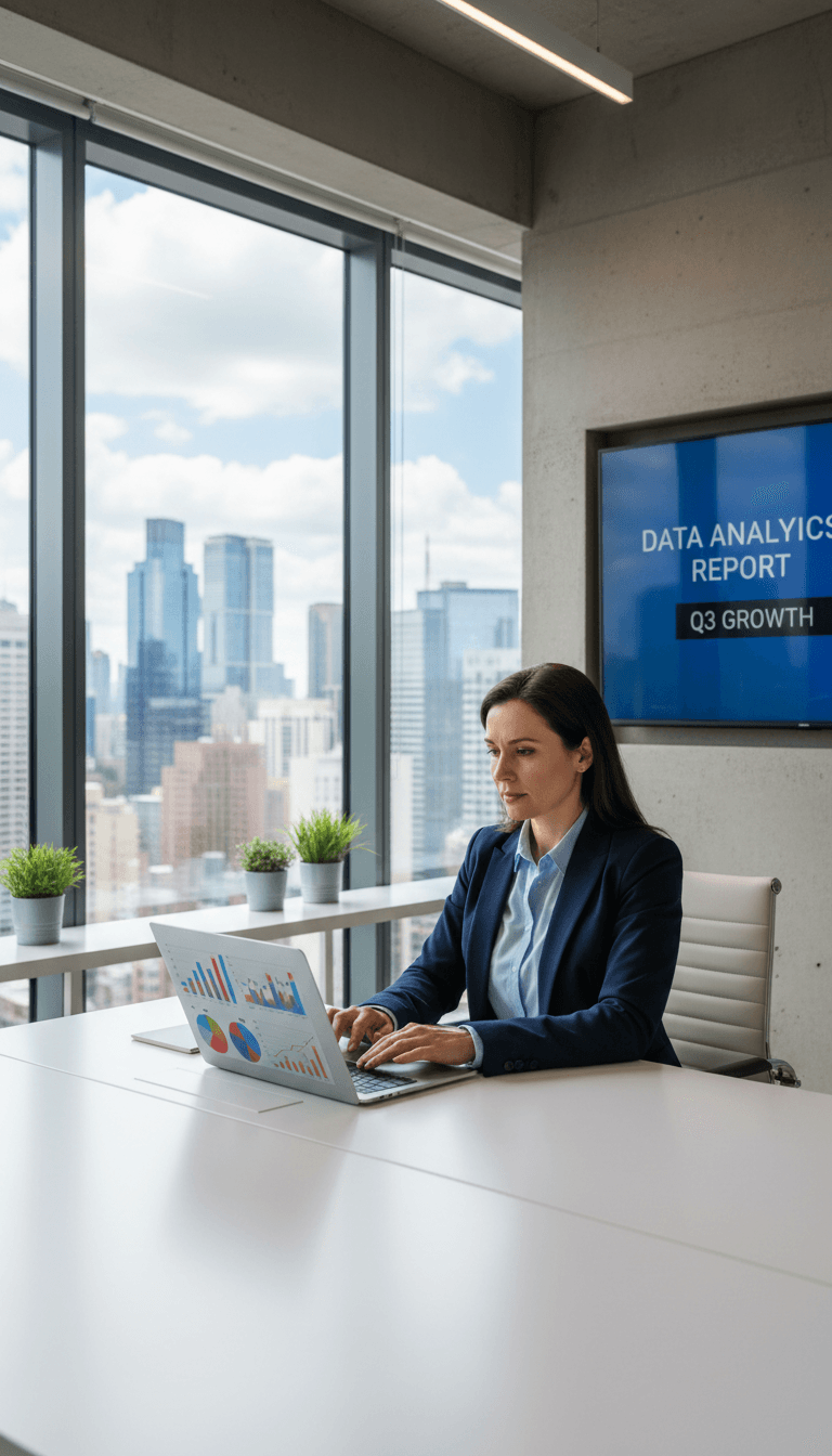 Professional analyzing AI optimization data on laptop in modern workspace