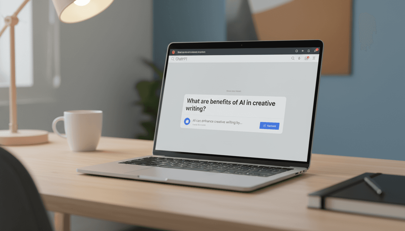Laptop displaying ChatGPT interface with AI search results