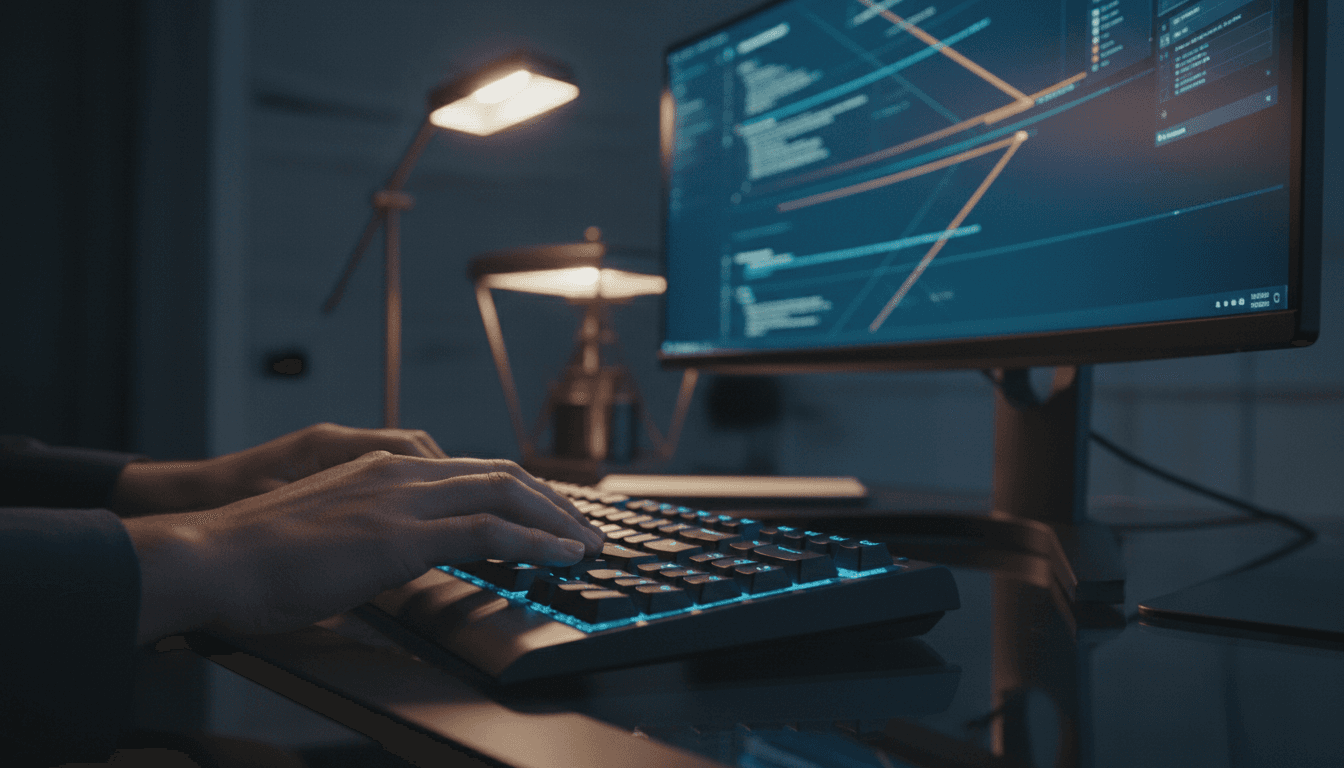 Professional workspace with hands typing on a keyboard, screen glowing with digital interface light