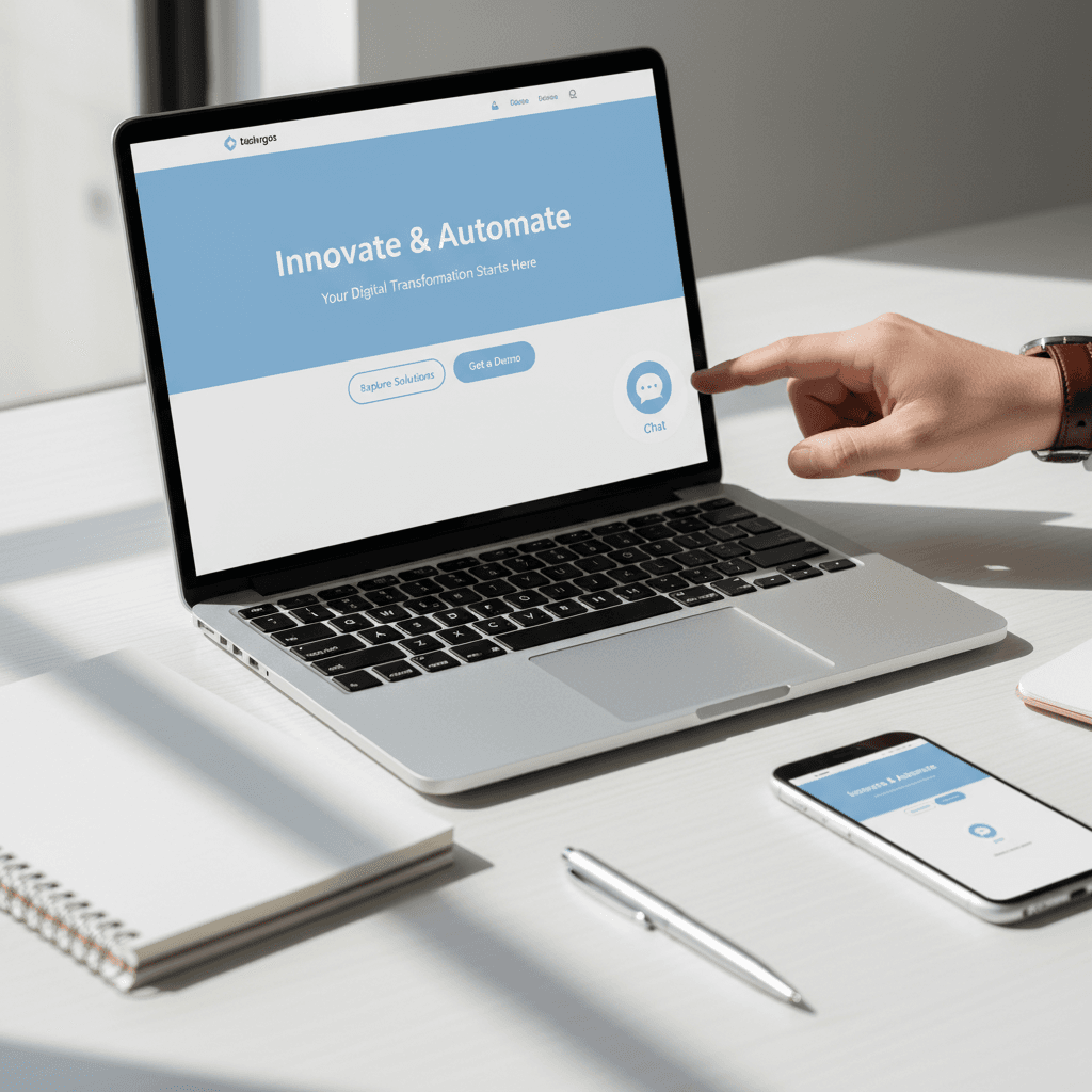Laptop screen showing clean website interface with integrated chatbot widget, surrounded by business tools and devices on white desk