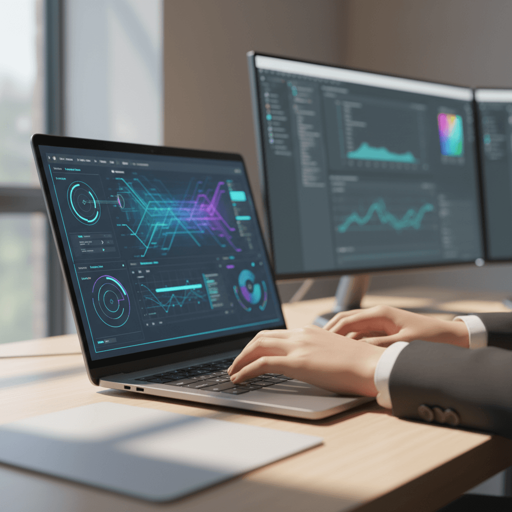 Professional analyzing AI search data and optimization metrics on multiple monitors