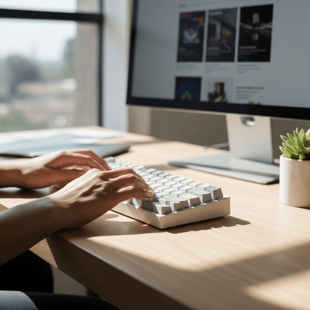 Hands typing with community platforms visible on monitor in background